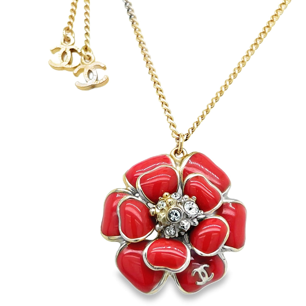 Red Enamel Chanel Flower Necklace